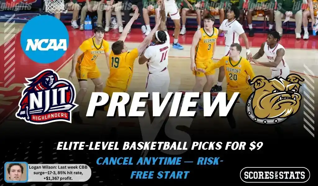 NCAAB picks and predictions preview graphic for NJIT Highlanders vs Bryant Bulldogs featuring both team logos, a matchup-themed background image, and the ScoresandStats logo.