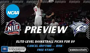 NJIT Highlanders vs. New Hampshire Wildcats game preview graphic featuring both team logos, an NJIT basketball action background, and a ScoresAndStats “Preview” stats badge (February 12, 2026).