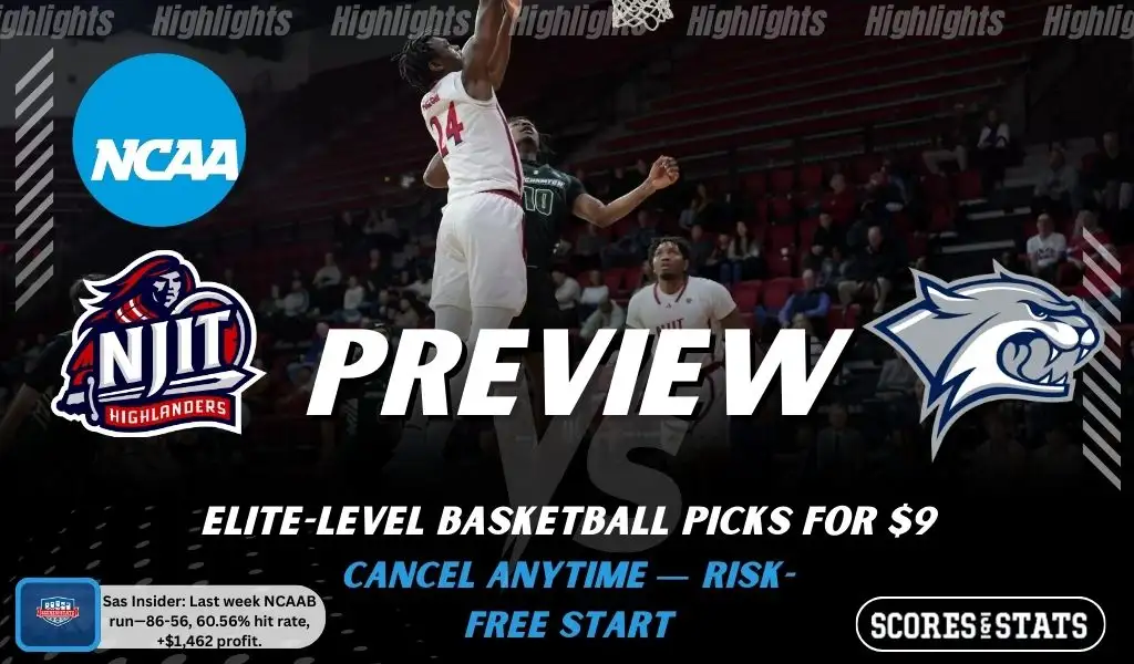 NJIT Highlanders vs. New Hampshire Wildcats game preview graphic featuring both team logos, an NJIT basketball action background, and a ScoresAndStats “Preview” stats badge (February 12, 2026).