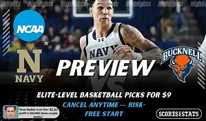 Navy Midshipmen vs. Bucknell Bison game preview graphic featuring both team logos, a Navy basketball action background, and a ScoresAndStats “Preview” stats badge (February 9, 2026).