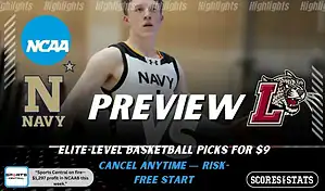 Navy Midshipmen vs Lafayette Leopards preview graphic with both team logos, “Picks and Predictions” label, and Navy Midshipmen basketball action background (February 4, 2026).