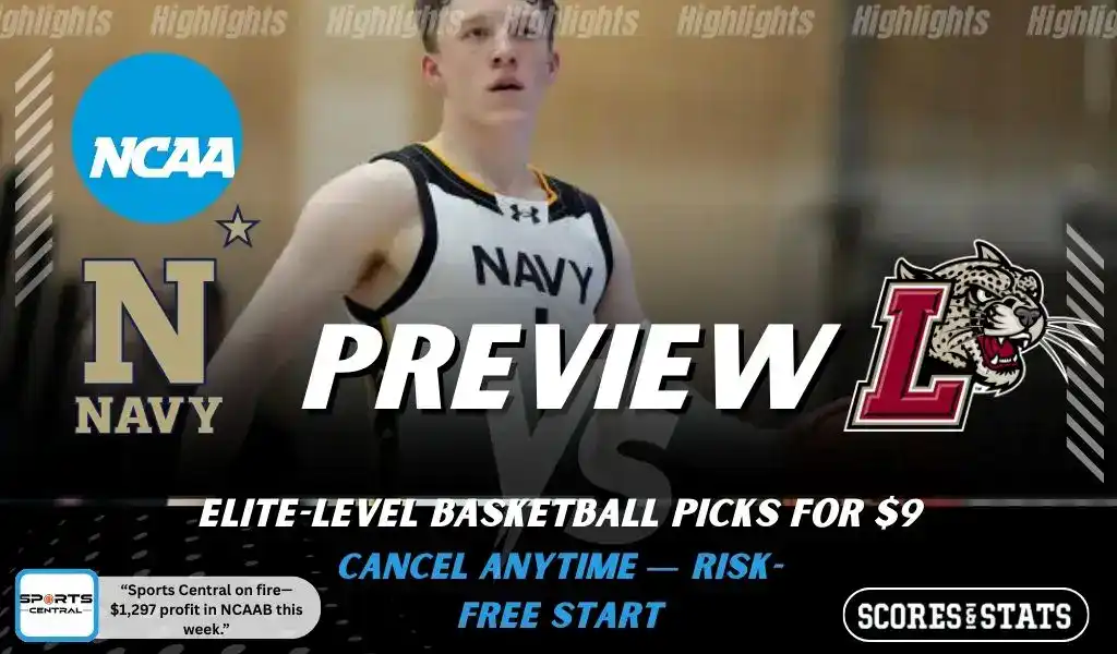 Navy Midshipmen vs Lafayette Leopards preview graphic with both team logos, “Picks and Predictions” label, and Navy Midshipmen basketball action background (February 4, 2026).
