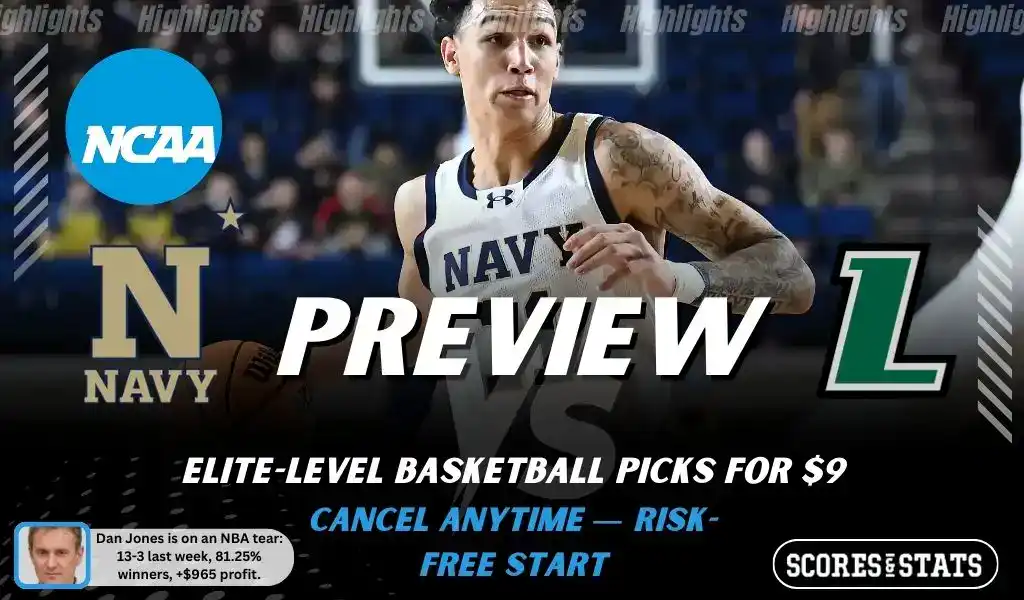 NCAAB preview graphic for Navy Midshipmen vs Loyola Maryland Greyhounds with both team logos, a matchup-themed background image, and the ScoresandStats logo.
