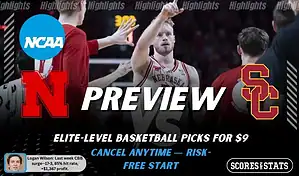 NCAAB picks and predictions preview graphic for Nebraska Cornhuskers vs USC Trojans featuring both team logos, a matchup-themed background image, and the ScoresandStats logo.