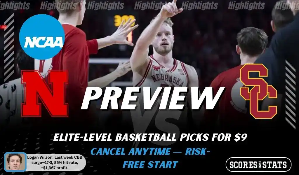NCAAB picks and predictions preview graphic for Nebraska Cornhuskers vs USC Trojans featuring both team logos, a matchup-themed background image, and the ScoresandStats logo.