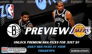 Brooklyn Nets vs Los Angeles Lakers preview graphic with both team logos, “Picks and Predictions” label, and Brooklyn Nets basketball action background (February 3, 2026).