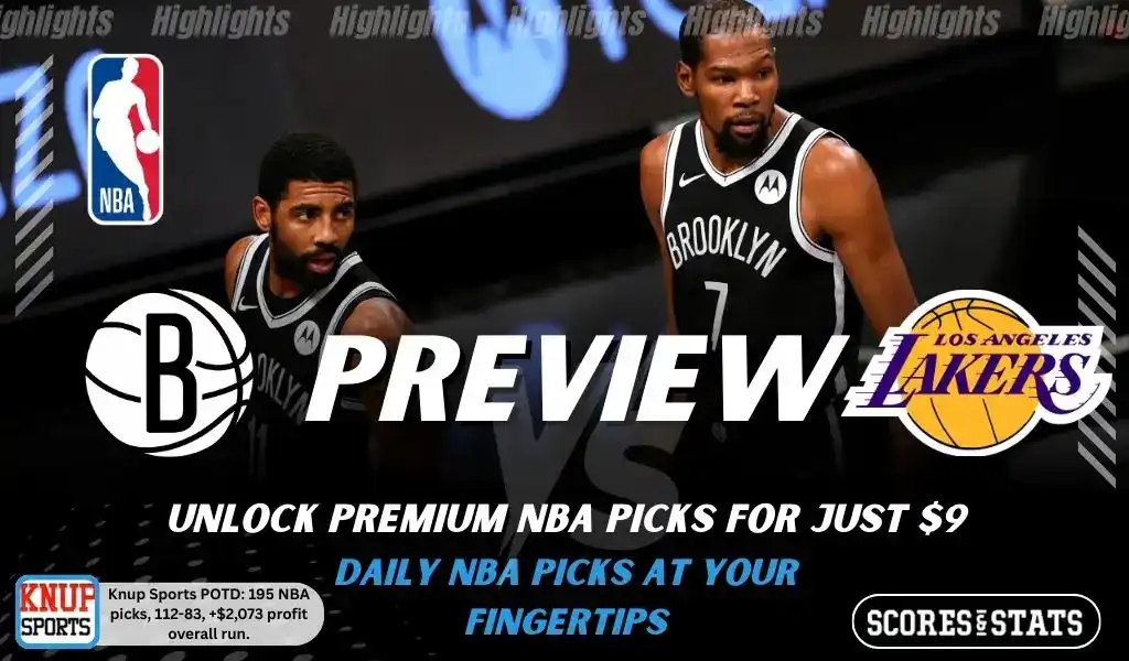 Brooklyn Nets vs Los Angeles Lakers preview graphic with both team logos, “Picks and Predictions” label, and Brooklyn Nets basketball action background (February 3, 2026).