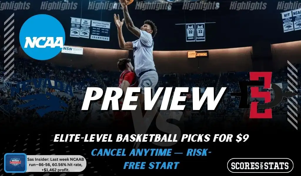Nevada Wolf Pack vs. San Diego State Aztecs game preview graphic featuring both team logos, a “Preview” stats logo, and a Nevada Wolf Pack college basketball action photo in the background.