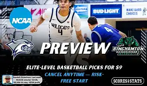 NCAAB picks and predictions preview graphic for New Hampshire Wildcats vs Binghamton Bearcats featuring both team logos, a matchup-themed background image, and the ScoresandStats logo.