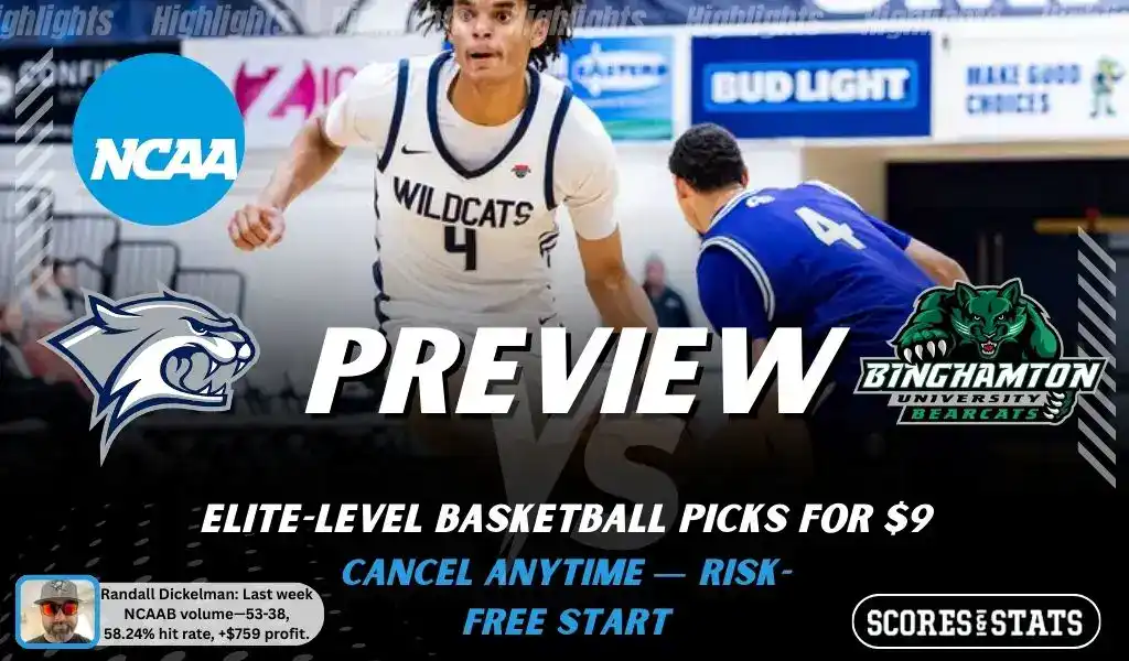 NCAAB picks and predictions preview graphic for New Hampshire Wildcats vs Binghamton Bearcats featuring both team logos, a matchup-themed background image, and the ScoresandStats logo.