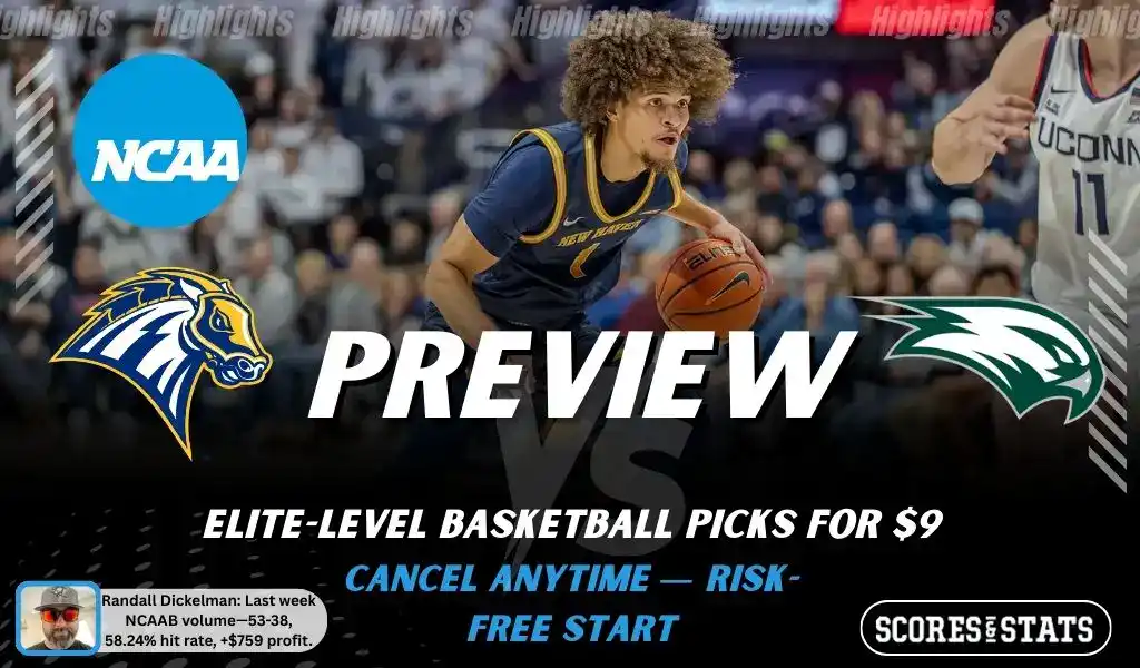 NCAAB preview graphic for New Haven Chargers vs Wagner Seahawks with both team logos, a matchup-themed background image, and the ScoresandStats logo.