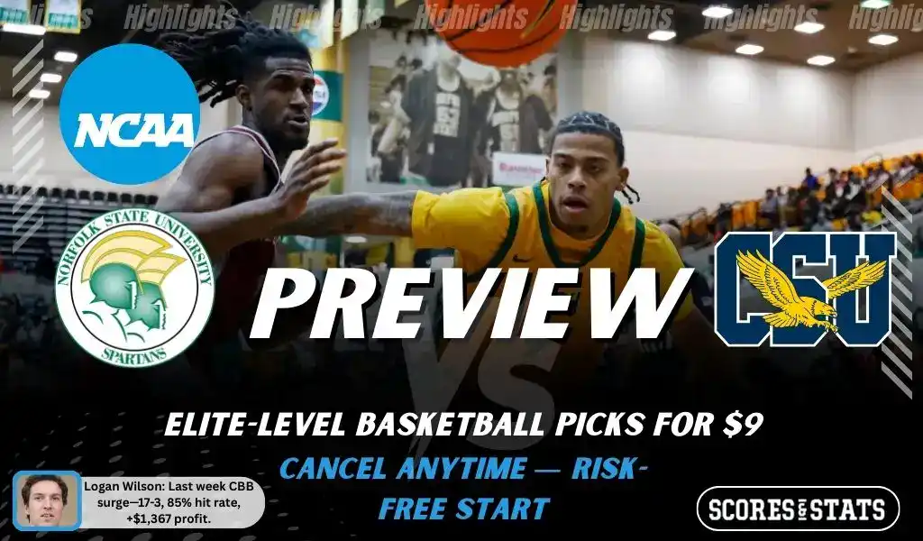 NCAAB picks and predictions preview graphic for Norfolk State Spartans vs Coppin State Eagles featuring both team logos, a matchup-themed background image, and the ScoresandStats logo.