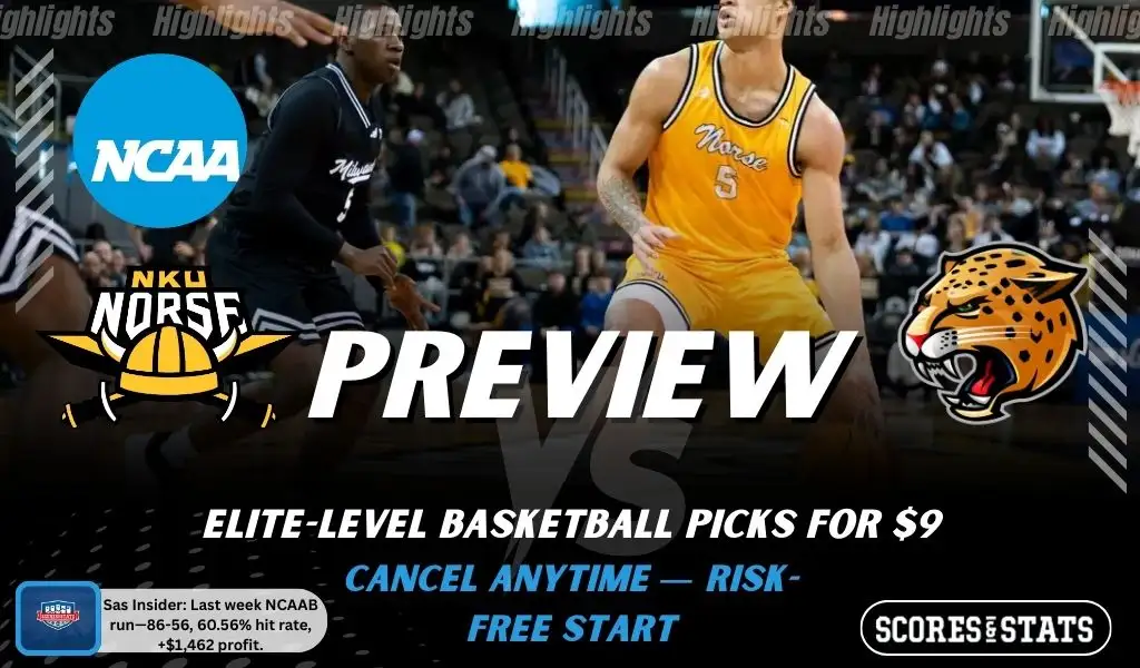 Northern Kentucky Norse vs. IU Indy Jaguars game preview graphic featuring both team logos, a Northern Kentucky basketball action background, and a ScoresAndStats “Preview” stats badge (February 12, 2026).