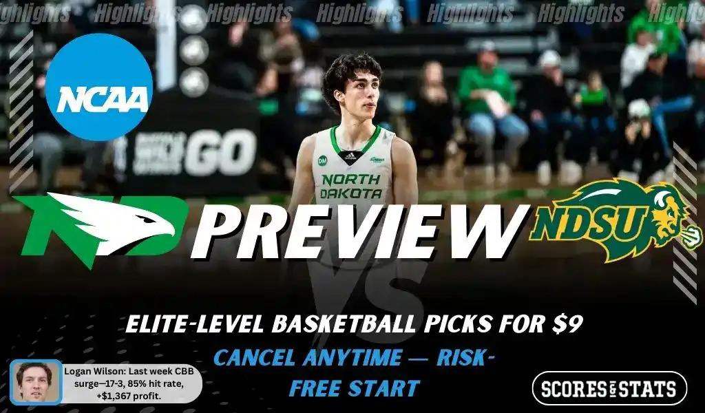 NCAAB picks and predictions preview graphic for North Dakota Fighting Hawks vs North Dakota State Bison featuring both team logos, a rivalry-themed matchup background image, and the ScoresandStats logo.