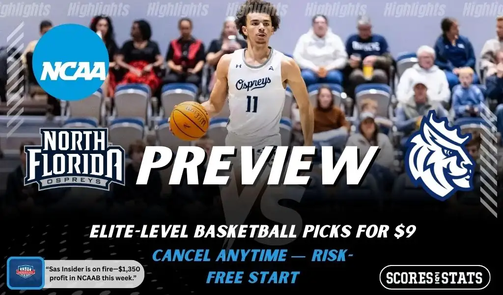 North Florida Ospreys vs Queens (NC) Royals picks and predictions preview graphic for February 7, 2026, featuring both team logos, a “Preview” stats label, and North Florida basketball action in the background.