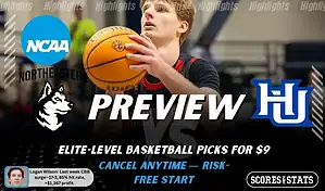 NCAAB picks and predictions preview graphic for Northeastern Huskies vs Hampton Pirates featuring both team logos, a matchup-themed background image, and the ScoresandStats logo.
