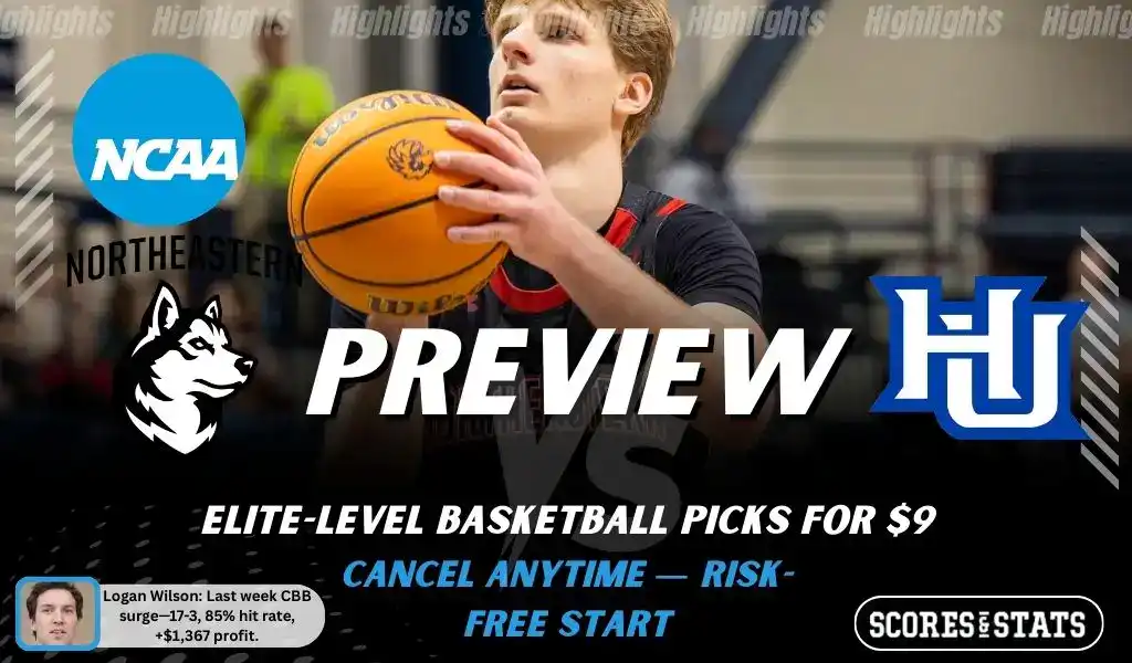 NCAAB picks and predictions preview graphic for Northeastern Huskies vs Hampton Pirates featuring both team logos, a matchup-themed background image, and the ScoresandStats logo.