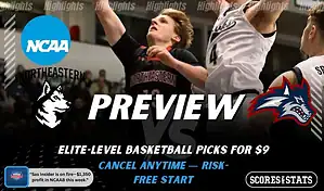 Northeastern Huskies vs Stony Brook Seawolves picks and predictions preview graphic for February 7, 2026, featuring both team logos, a “Preview” stats label, and Northeastern basketball action in the background.