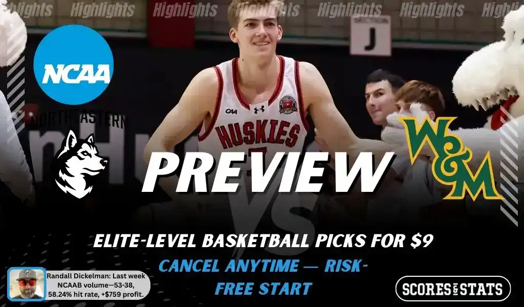 NCAAB preview graphic for Northeastern Huskies vs William & Mary Tribe with both team logos, a matchup-themed background image, and the ScoresandStats logo.
