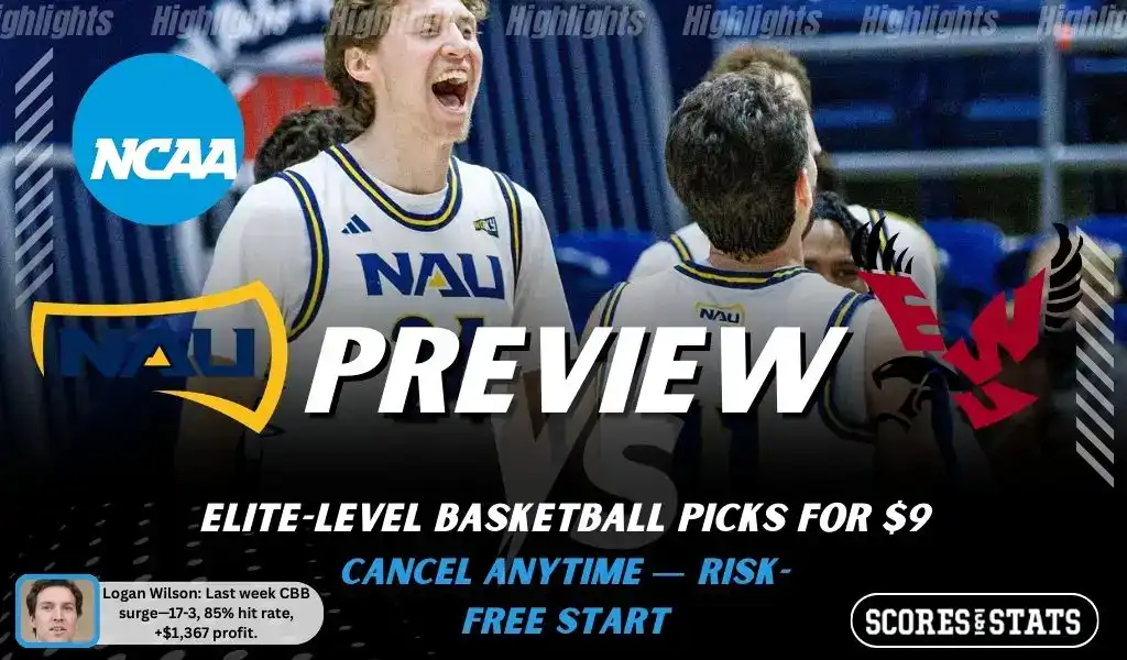 NCAAB picks and predictions preview graphic for Northern Arizona Lumberjacks vs Eastern Washington Eagles featuring both team logos, a matchup-themed background image, and the ScoresandStats logo.
