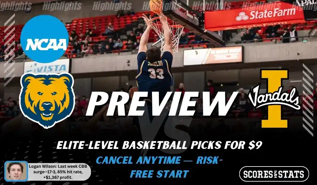 NCAAB picks and predictions preview graphic for Northern Colorado Bears vs Idaho Vandals featuring both team logos, a matchup-themed background image, and the ScoresandStats logo.