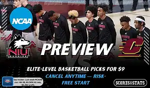 NCAAB preview graphic for Northern Illinois Huskies vs Central Michigan Chippewas with both team logos, a matchup-themed background image, and the ScoresandStats logo.