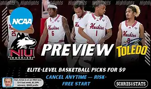 NCAAB preview graphic for Northern Illinois Huskies vs Toledo Rockets with both team logos, a matchup-themed background image, and the ScoresandStats logo.