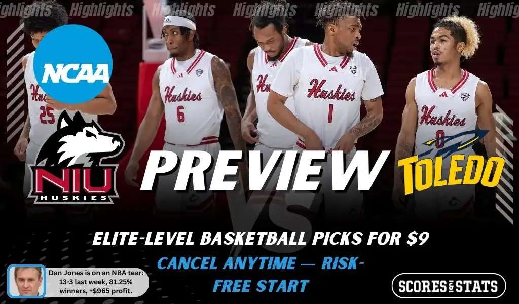 NCAAB preview graphic for Northern Illinois Huskies vs Toledo Rockets with both team logos, a matchup-themed background image, and the ScoresandStats logo.