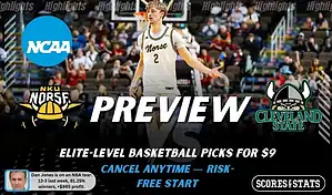 NCAAB preview graphic for Northern Kentucky Norse vs Cleveland State Vikings with both team logos, a matchup-themed background image, and the ScoresandStats logo.