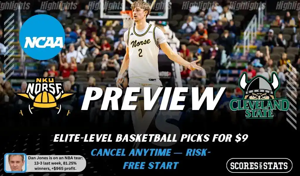 NCAAB preview graphic for Northern Kentucky Norse vs Cleveland State Vikings with both team logos, a matchup-themed background image, and the ScoresandStats logo.