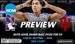 NCAAB preview graphic for Northwestern Wildcats vs Indiana Hoosiers with both team logos, a matchup-themed background image, and the ScoresandStats logo.