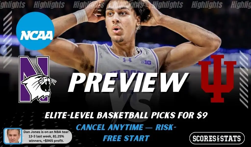 NCAAB preview graphic for Northwestern Wildcats vs Indiana Hoosiers with both team logos, a matchup-themed background image, and the ScoresandStats logo.