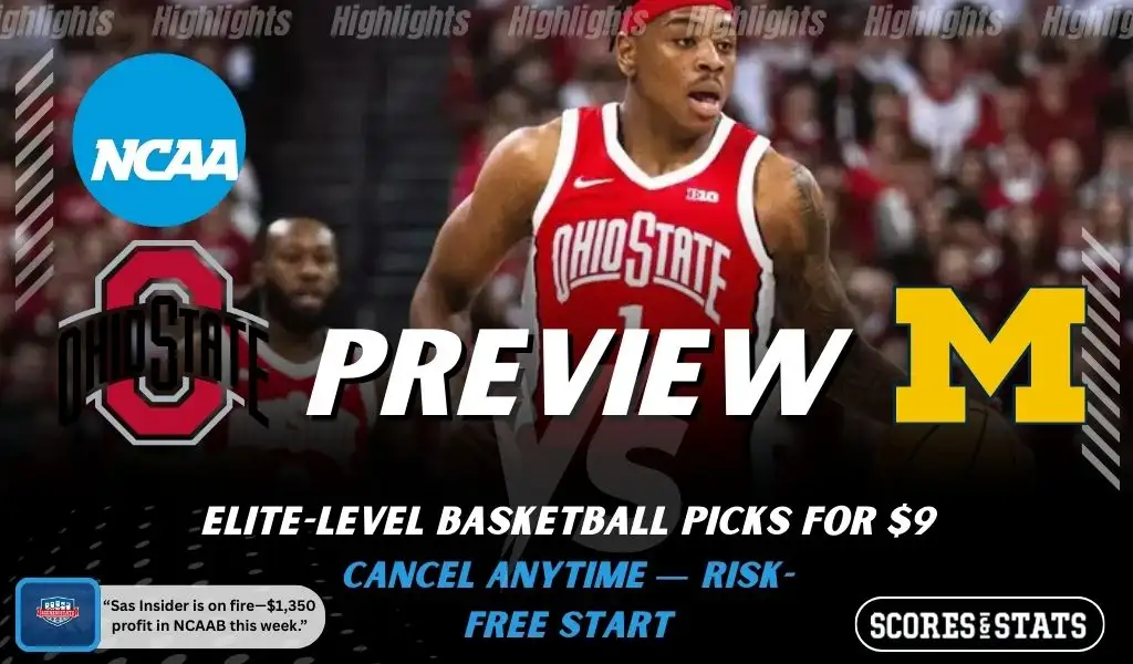 Ohio State Buckeyes vs Michigan Wolverines picks and predictions preview graphic for February 8, 2026, featuring both team logos, a “Preview” stats label, and Ohio State Buckeyes basketball action in the background.
