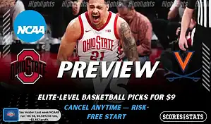 Ohio State Buckeyes vs Virginia Cavaliers game preview image with both team logos, ScoresAndStats “Preview” branding, and Ohio State basketball action background.