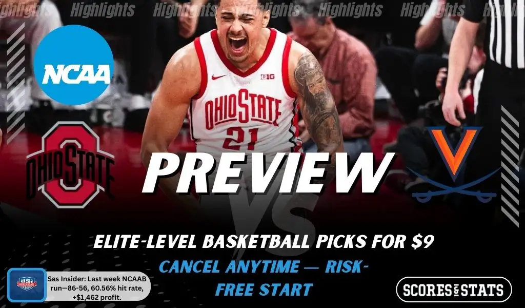 Ohio State Buckeyes vs Virginia Cavaliers game preview image with both team logos, ScoresAndStats “Preview” branding, and Ohio State basketball action background.