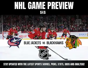 NHL game preview featuring a matchup between the Columbus Blue Jackets and Chicago Blackhawks, with players in action on the ice.