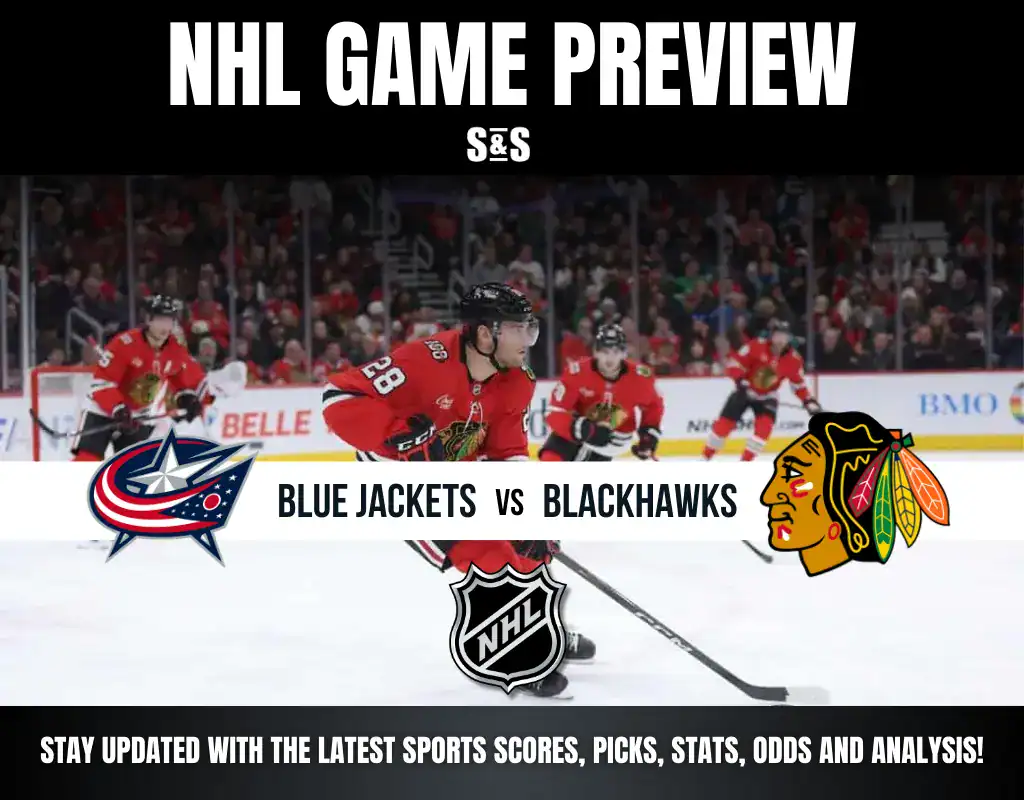 NHL game preview featuring a matchup between the Columbus Blue Jackets and Chicago Blackhawks, with players in action on the ice.