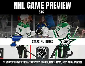 NHL game preview featuring players from the Dallas Stars celebrating. Game matchup: Stars vs. Blues. Sports updates at the bottom.