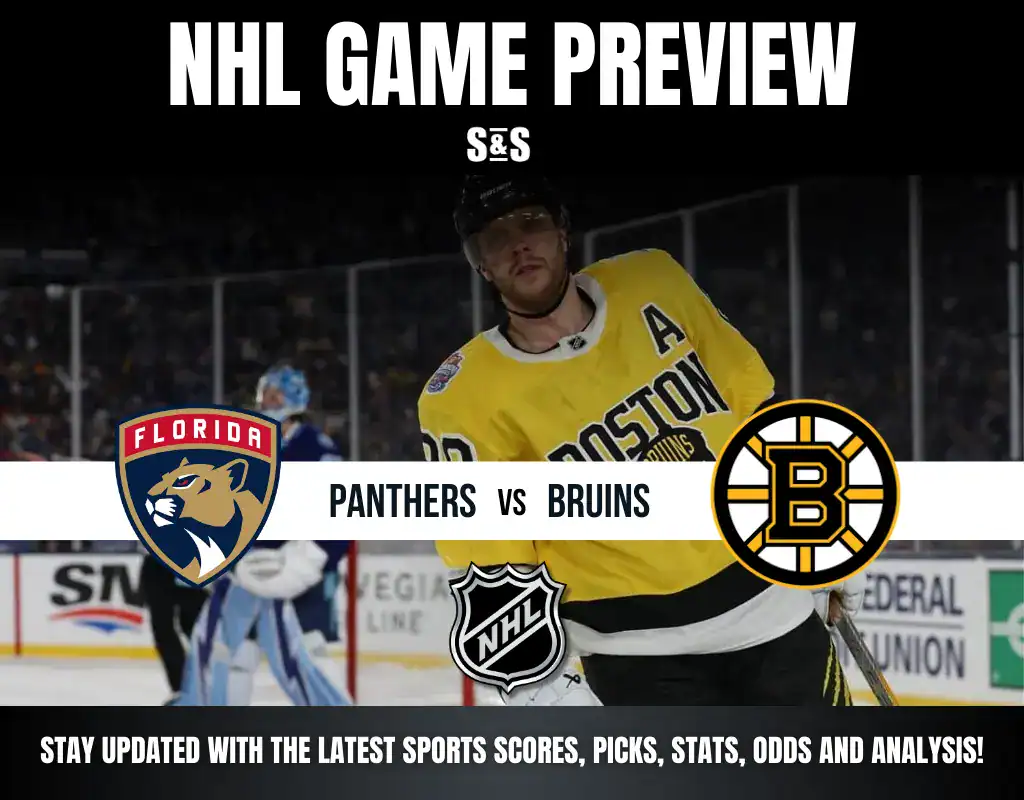 NHL game preview featuring the Florida Panthers vs. Boston Bruins, with team logos and a player in a Bruins jersey on the ice.