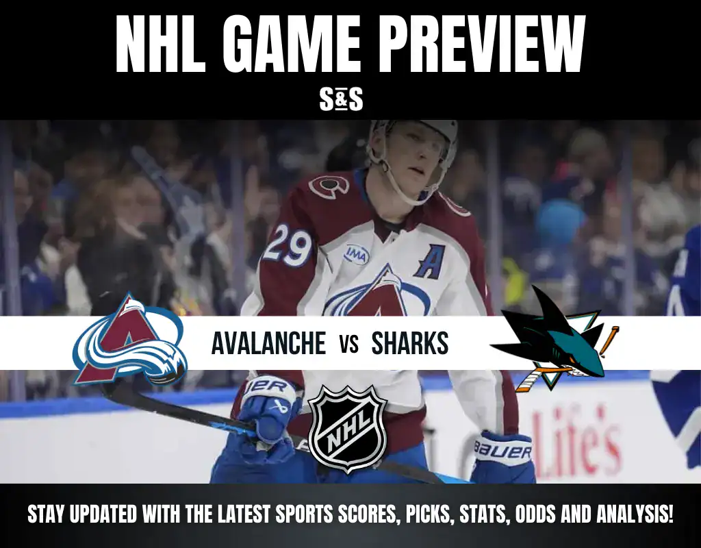NHL game preview featuring the Colorado Avalanche vs. San Jose Sharks, with logos and a player on the ice in action.