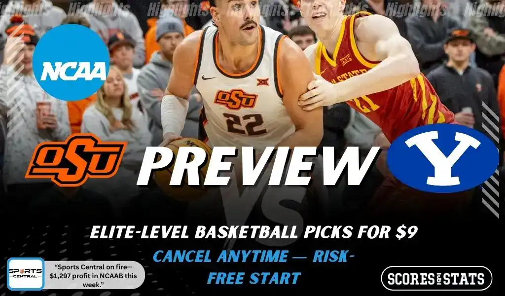 Oklahoma State Cowboys vs BYU Cougars preview graphic with both team logos, “Picks and Predictions” label, and Oklahoma State Cowboys basketball action background (February 4, 2026).