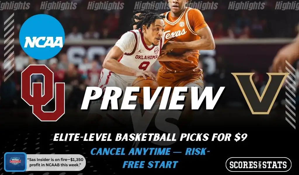 Oklahoma Sooners vs Vanderbilt Commodores picks and predictions preview graphic for February 7, 2026, featuring both team logos, a “Preview” stats label, and Oklahoma Sooners basketball action in the background.