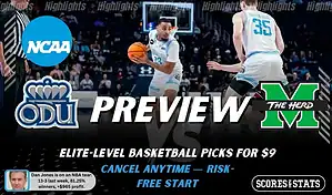 NCAAB preview graphic for Old Dominion Monarchs vs Marshall Thundering Herd with both team logos, a matchup-themed background image, and the ScoresandStats logo.