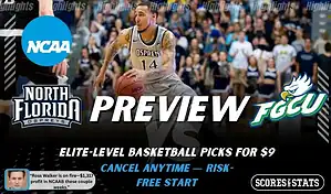 North Florida Ospreys vs. Florida Gulf Coast Eagles game preview graphic featuring both team logos, a North Florida basketball action background, and a ScoresAndStats “Preview” stats badge (February 11, 2026).