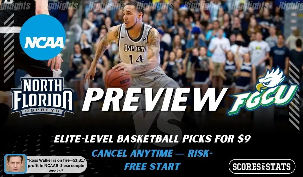 North Florida Ospreys vs. Florida Gulf Coast Eagles game preview graphic featuring both team logos, a North Florida basketball action background, and a ScoresAndStats “Preview” stats badge (February 11, 2026).