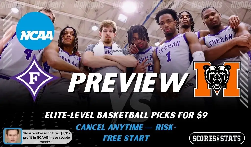 Furman Paladins vs. Mercer Bears game preview graphic featuring both team logos, a Furman basketball action background, and a ScoresAndStats “Preview” stats badge (February 11, 2026).