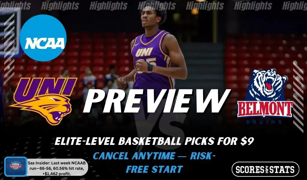 Northern Iowa Panthers vs. Belmont Bruins game preview graphic featuring both team logos, a Northern Iowa basketball action background, and a ScoresAndStats “Preview” stats badge (February 12, 2026).