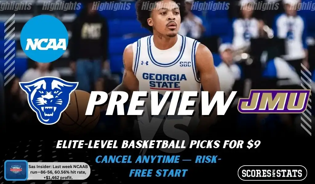 Georgia State Panthers vs. James Madison Dukes game preview graphic featuring both team logos, a “Preview” stats logo, and a Georgia State Panthers college basketball action photo in the background.