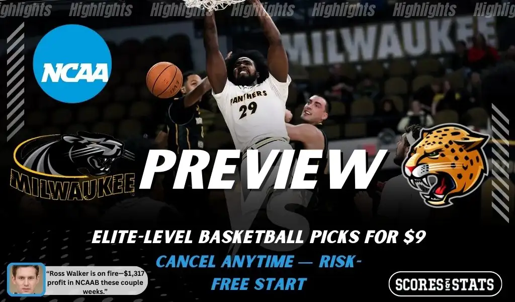Milwaukee Panthers vs. IU Indy Jaguars game preview graphic featuring both team logos, a Milwaukee basketball action background, and a ScoresAndStats “Preview” stats badge (February 10, 2026).