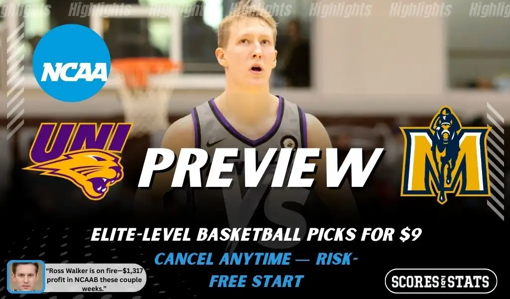 Northern Iowa Panthers vs. Murray State Racers game preview graphic featuring both team logos, a Northern Iowa basketball action background, and a ScoresAndStats “Preview” stats badge (February 9, 2026).